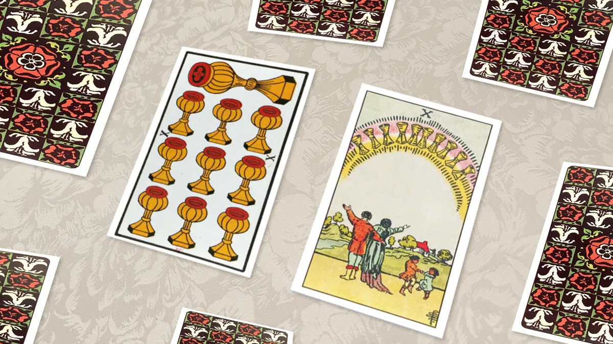Dix de Coupes, Tarot de Marseille et Rider-Waite, en situation de tirage