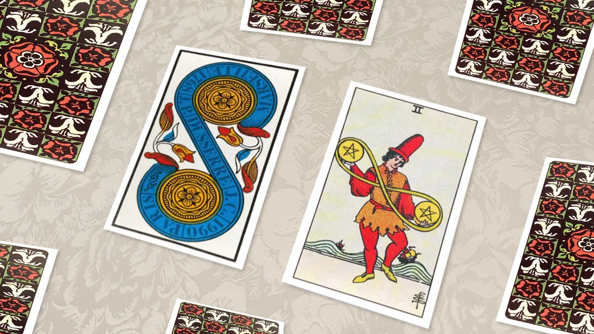 Deux de Deniers, Tarot de Marseille et Rider-Waite, en situation de tirage