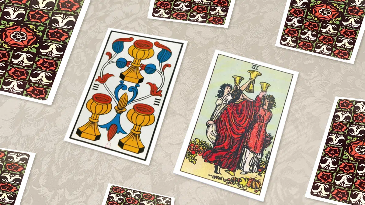 Trois de Coupes, Tarot de Marseille et Rider-Waite, en situation de tirage