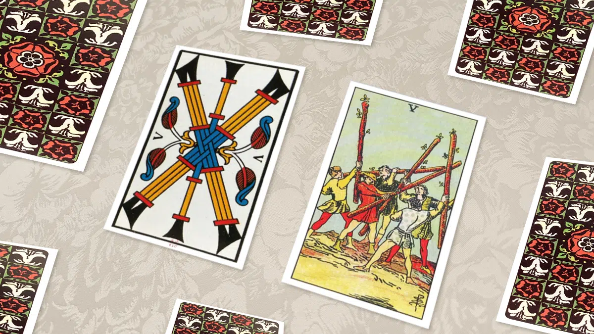 Cinq de Bâtons, Tarot de Marseille et Rider-Waite, en situation de tirage