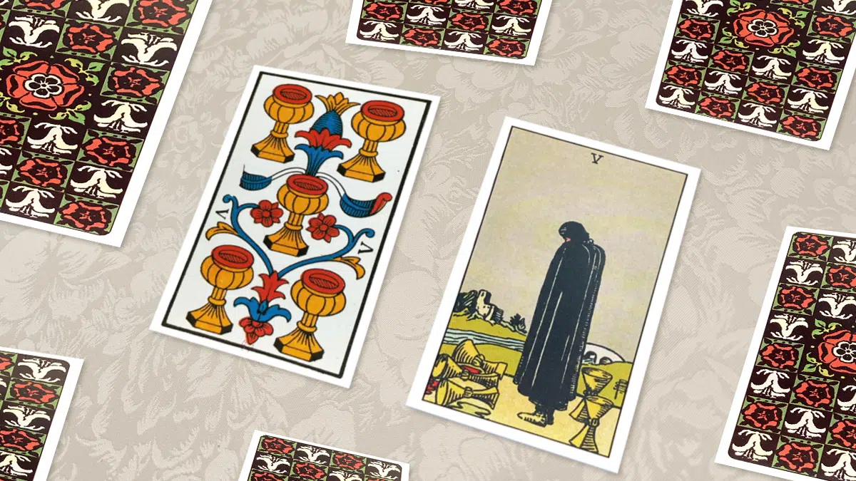 Cinq de Coupes, Tarot de Marseille et Rider-Waite, en situation de tirage