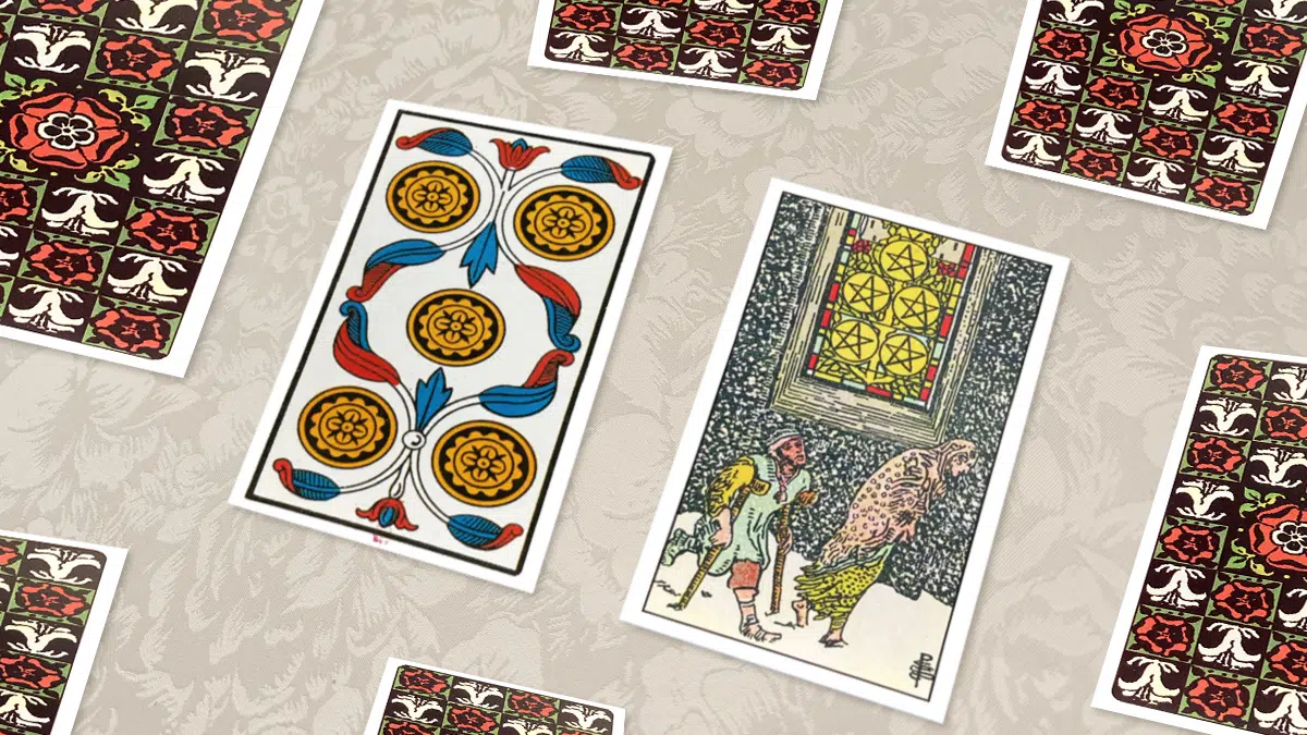 Cinq de Deniers, Tarot de Marseille et Rider-Waite, en situation de tirage