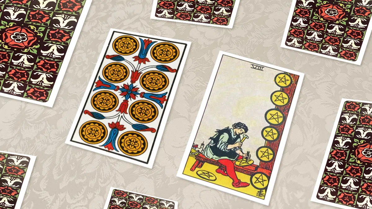 Huit de Deniers, Tarot de Marseille et Rider-Waite, en situation de tirage