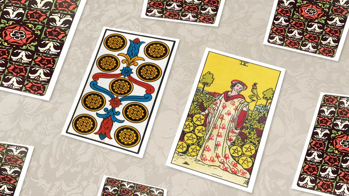 Neuf de Deniers, Tarot de Marseille et Rider-Waite, en situation de tirage