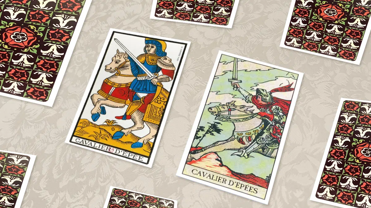Cavalier d’Épées, Tarot de Marseille et Rider-Waite, en situation de tirage