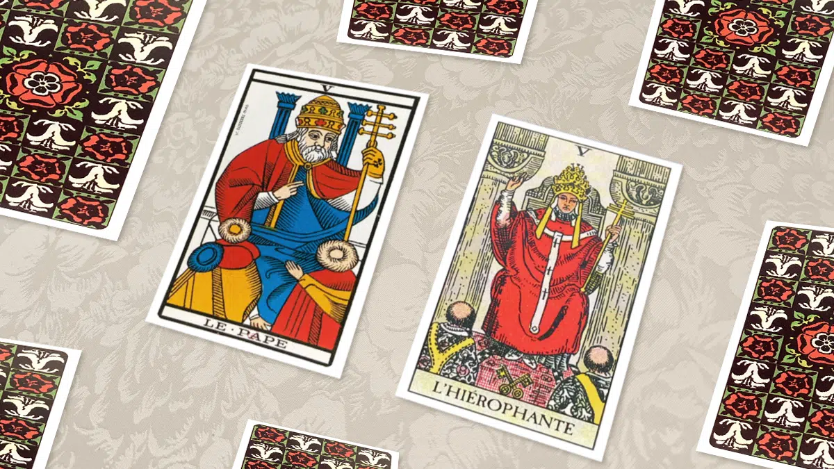 Le Hiérophante / Le Pape (V), Tarot de Marseille et Rider-Waite, en situation de tirage
